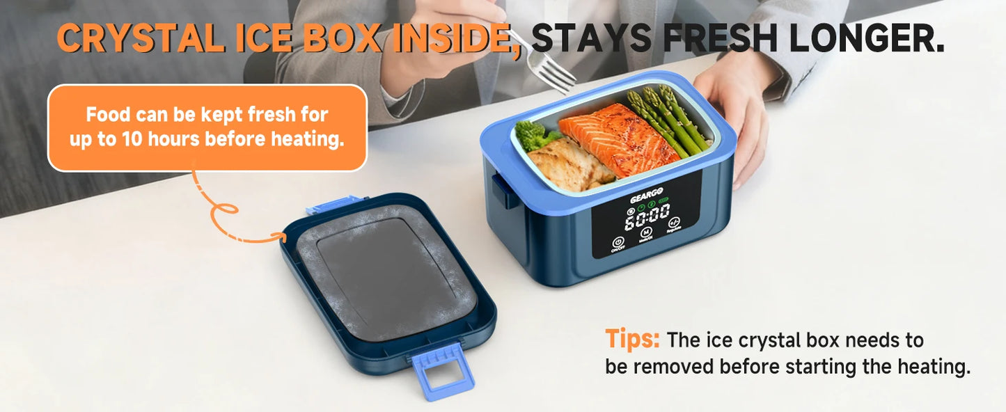Cordless Electric Lunch Box,1.6L 24000mAh Rechargeable Heated Lunch Box with Ice Crystal Box,24 Hours Self Heating Lunchbox