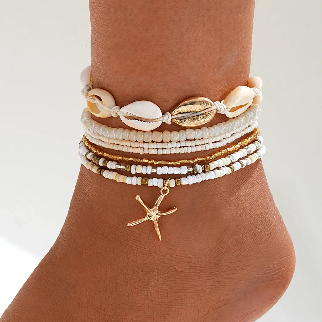Boho Butterfly & Pearl Anklet Set – 5 Pieces
