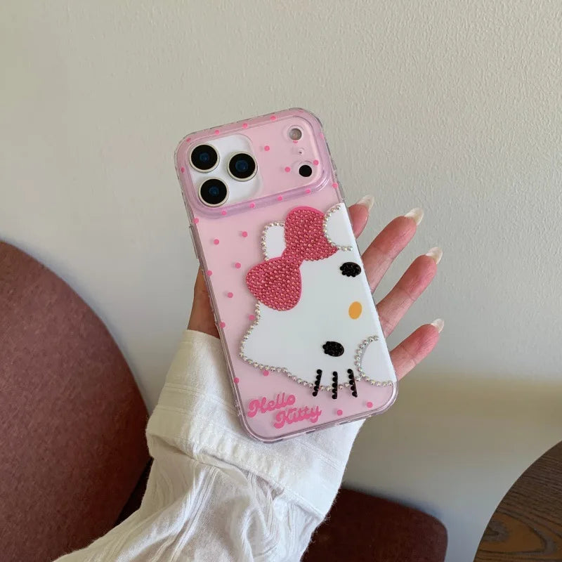 Sanrio HelloKitty Case For iPhone 17 16 15 14 Pro Max Air Cartoon Transparent Diamond Shockproof Silicone Protective Cover Gift
