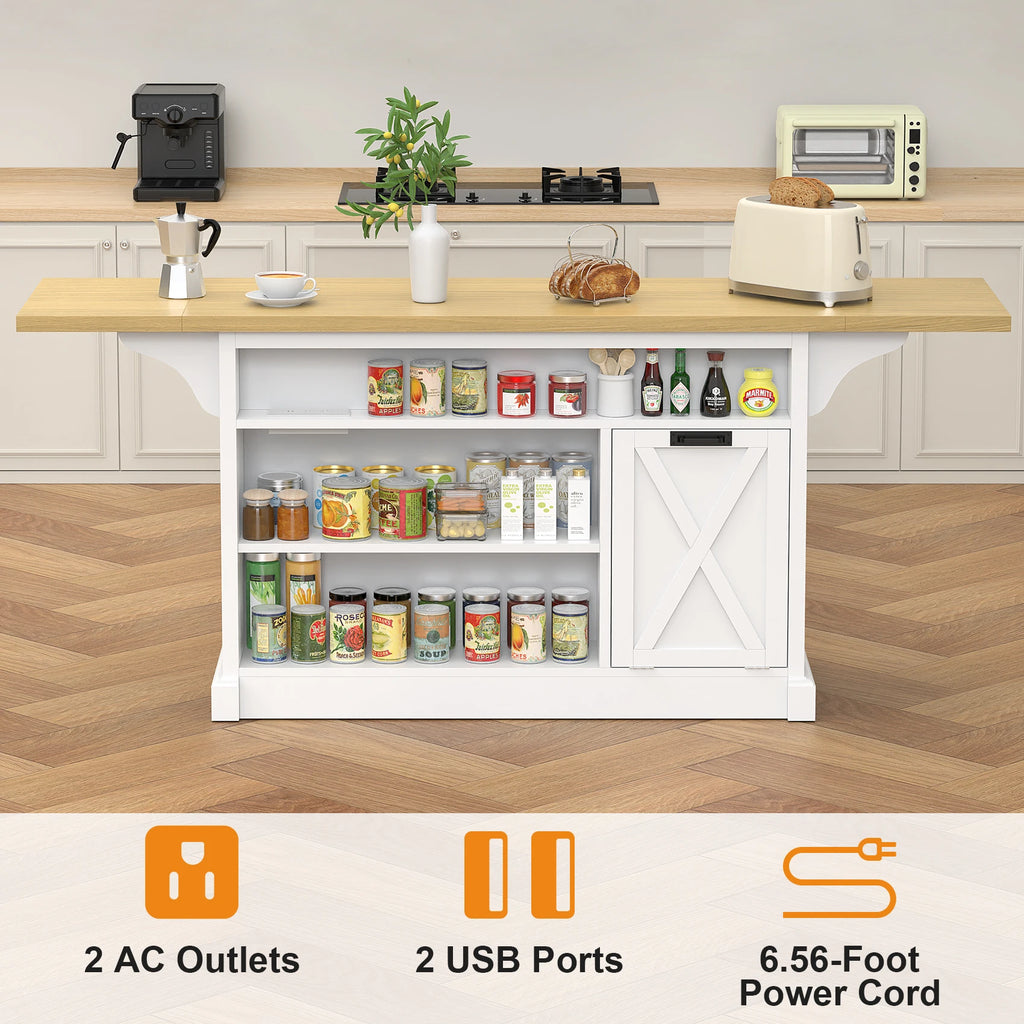 73" Kitchen Island Cart – Storage, Power Outlet & Drop Leaf