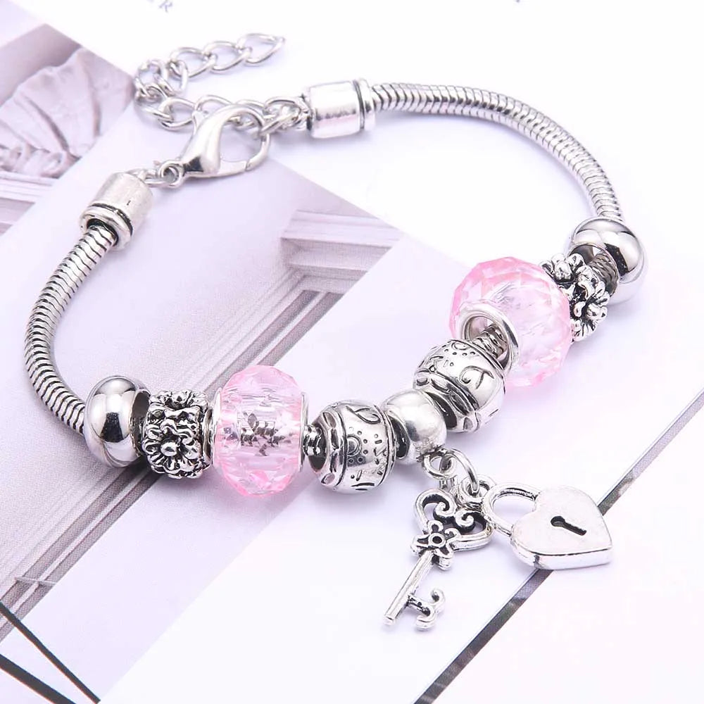 Pink Butterfly Charm Beaded Bangle Bracelet