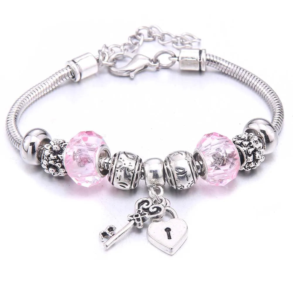 Pink Butterfly Charm Beaded Bangle Bracelet