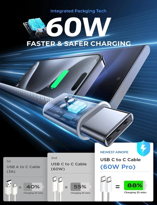 Original PD 60W Fast Charger 6A USB C to Type C Cable For iPhone 15 16 17 Pro MAX Quick Charging For Samsung S26 Xiaomi Cable