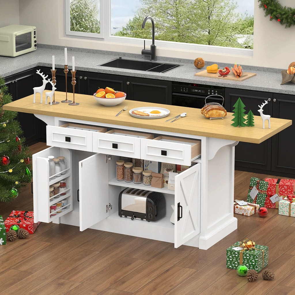 73" Kitchen Island Cart – Storage, Power Outlet & Drop Leaf