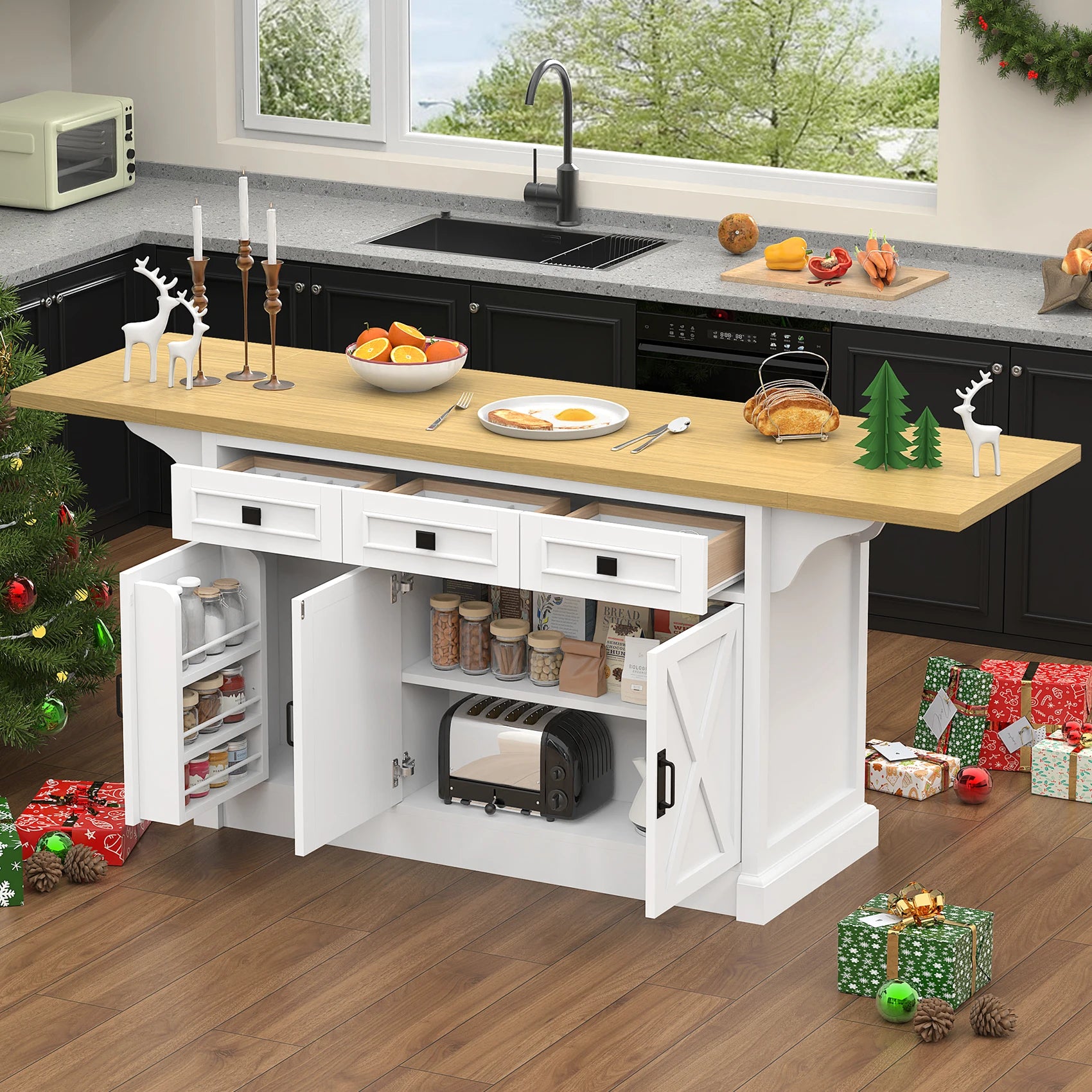 73" Kitchen Island Cart – Storage, Power Outlet & Drop Leaf