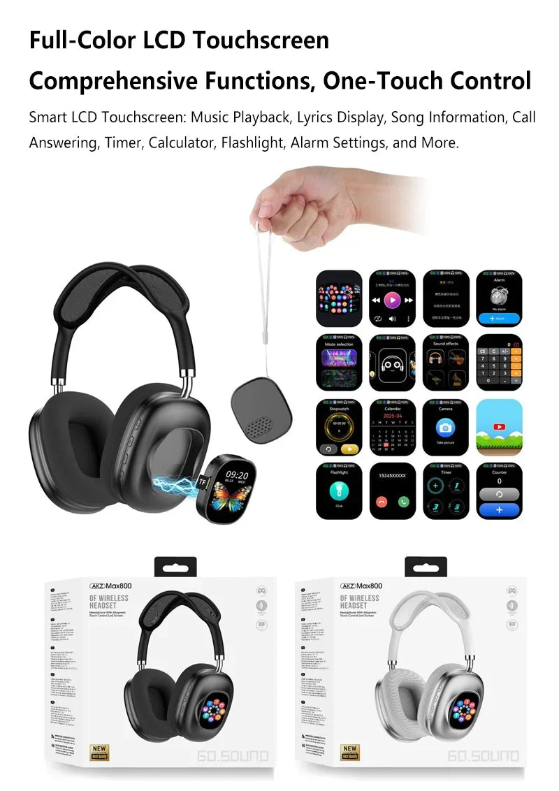 New 2-in-1 Wireless Bluetooth Headphones Detachable Smart Color Touchscreen Headset Portable Mini Speaker for Music Calls