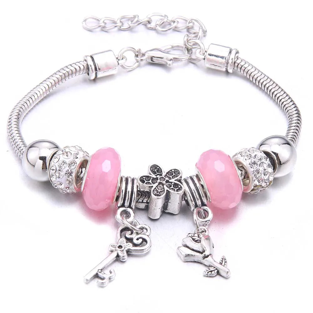 Pink Butterfly Charm Beaded Bangle Bracelet