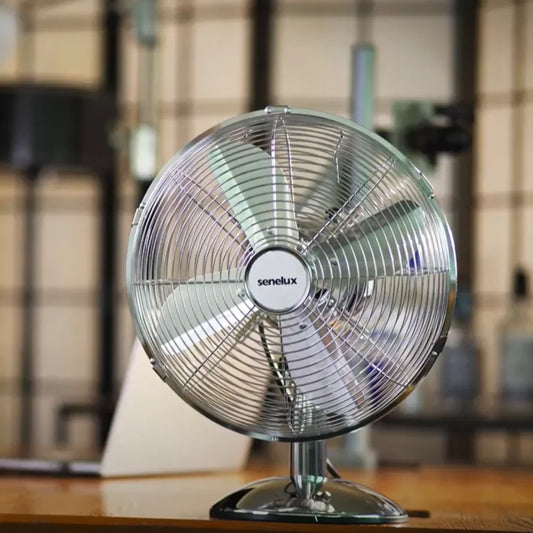 Refurbished - Senelux 12 inch Chrome Desk Fan; Great for Home Cooling and Comfort in Bedrooms, Living Rooms and Offices