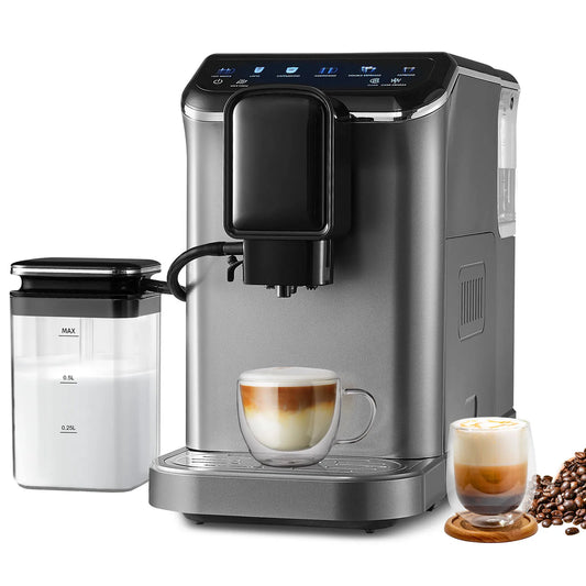 SucceBuy Automatic Espresso Machine Coffee Latte Machine with Color Touch Screen 15 Grinding Levels and Removable Milk Reservoir