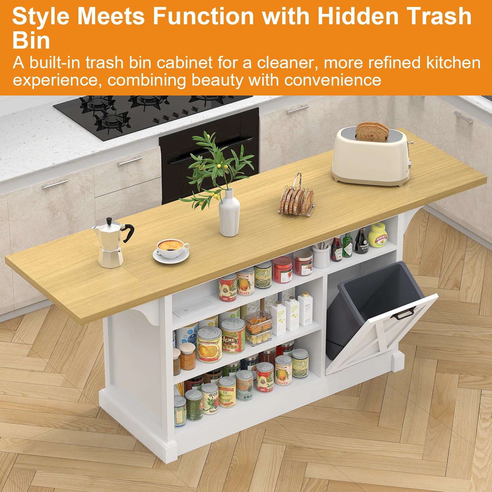73" Kitchen Island Cart – Storage, Power Outlet & Drop Leaf