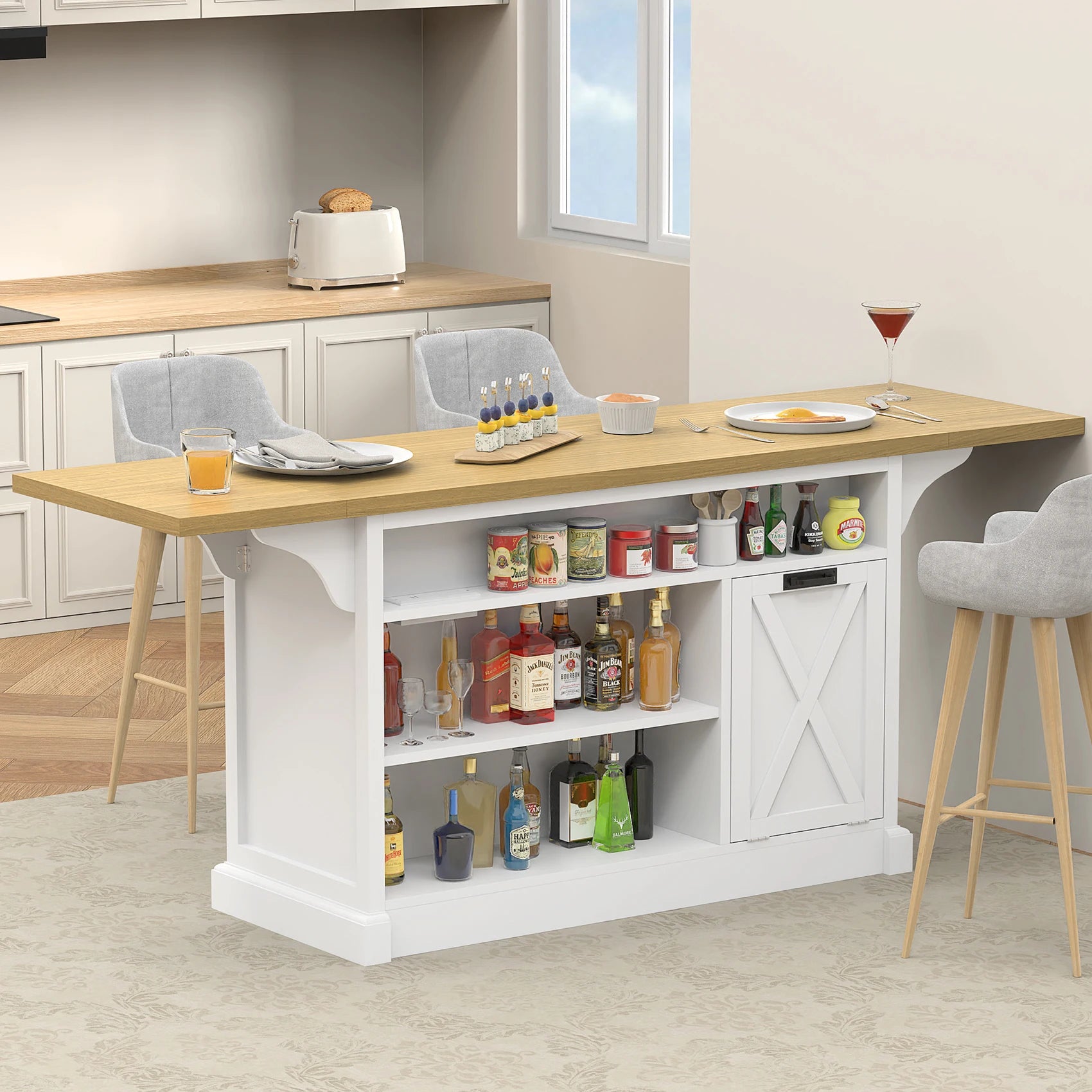 73" Kitchen Island Cart – Storage, Power Outlet & Drop Leaf