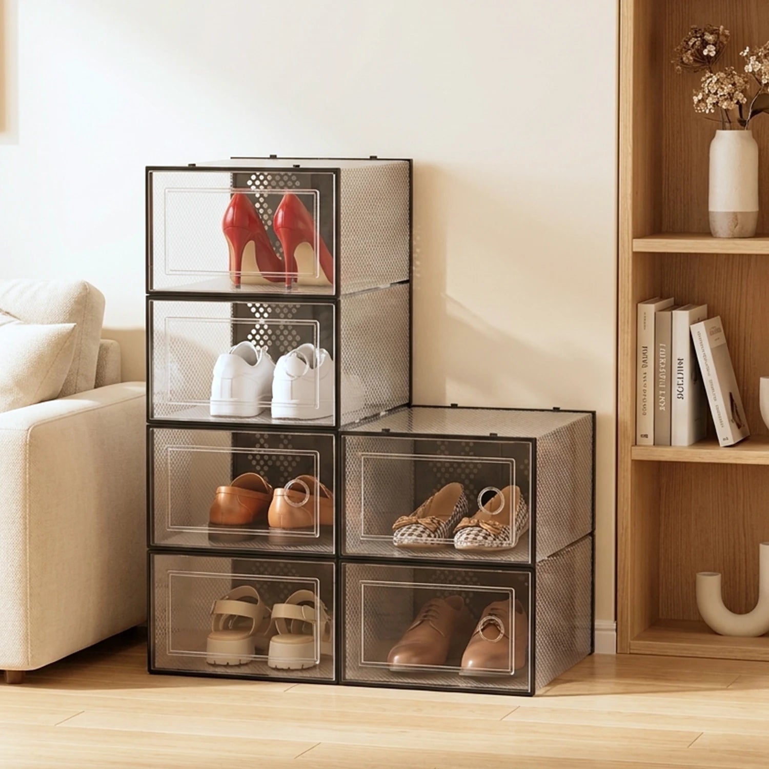 Foldable Stackable Transparent Shoe Box with Lid