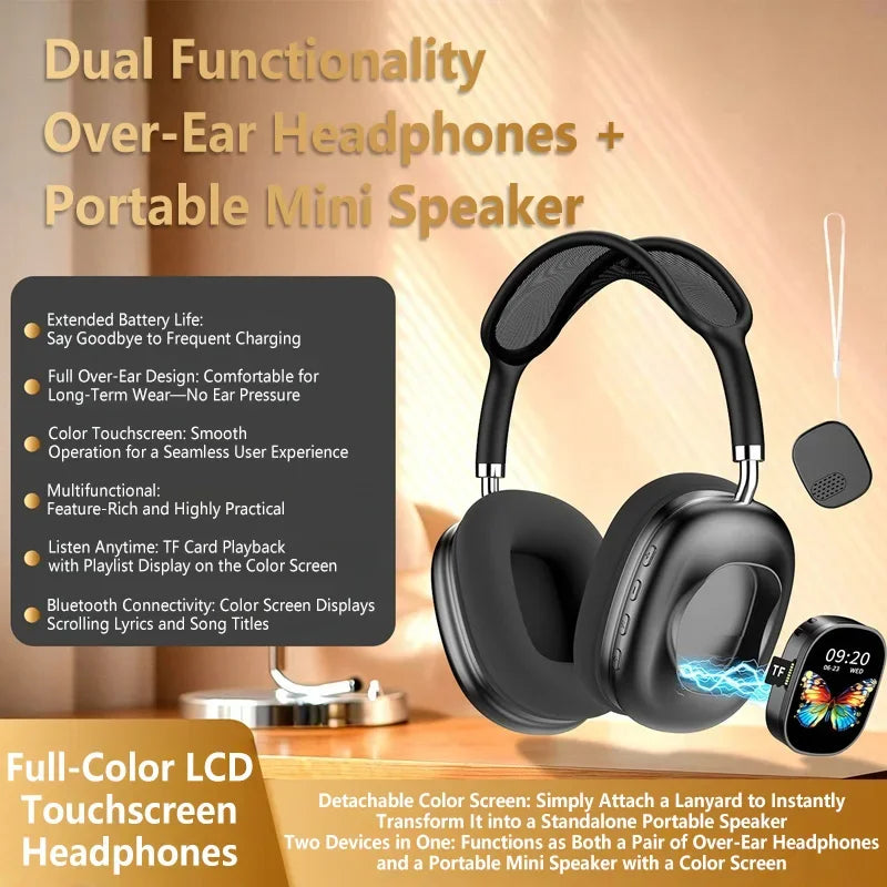 New 2-in-1 Wireless Bluetooth Headphones Detachable Smart Color Touchscreen Headset Portable Mini Speaker for Music Calls